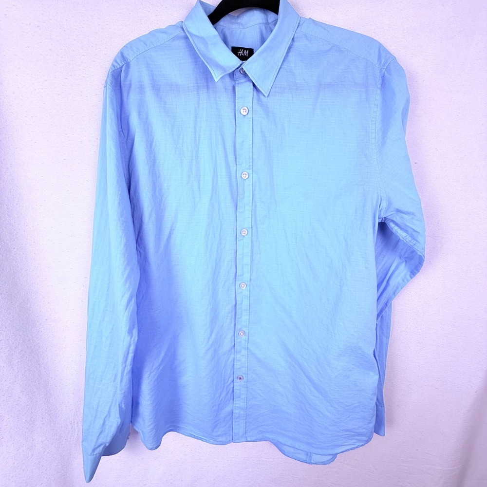 H&M Button Down Mens Large Blue Long Sleeve Cotton Slub Casual Dress Shirt 730